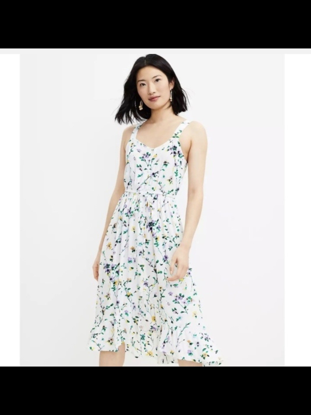 LOFT White Floral Button-Front Dress with Purple and Yellow Blooms - Picture 3 of 7